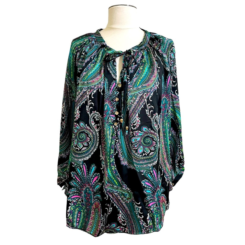 New CASTING Womens Black Purple Green Paisley Print Silky Blouse Size 3X